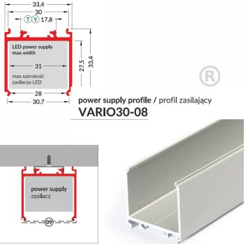 LED profil VARIO30-08 eloxált /power supply profile/ 2000mm